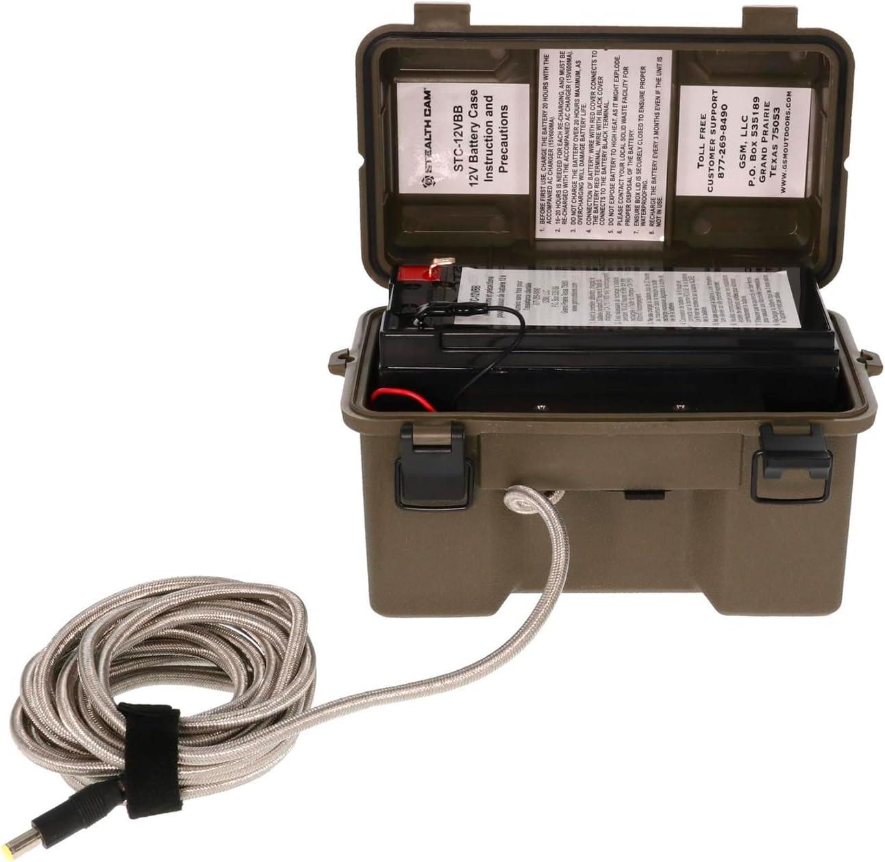 image:imageSTEALTH CAM 12V Battery Box Kit Portable Compact Waterproof Sealed Battery Charging Box for Hunting Trail Cameras w External Power Jack AC Charger 10Ft Steel Cable Included