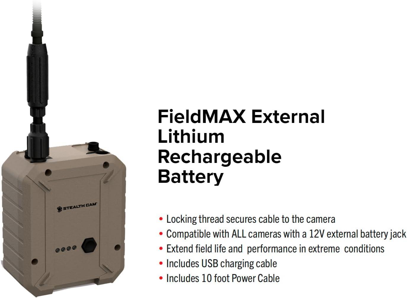 image:imageStealth CAM FieldMAX External Lithium Rechargeable 5000mAh Battery Compatible wTrail Cameras w 12V Battery Jack Insulated Power Cable Locking amp Smooth Adapters 45mm Jack amp USB Cable Included5 000 mAh
