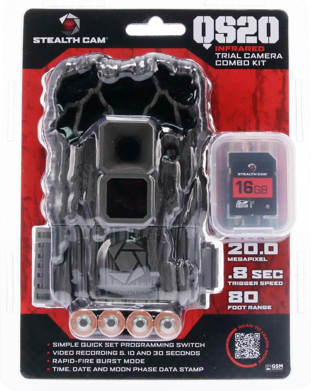 image:imageStealth CAM QS20 20MP Photo amp 720P Video at 30FPS 08 Sec Trigger Speed 80Ft Detection amp IR Range Compact Hunting Trail Camera 32GB SD Card SupportedQS20NG NO GLO Combo Pack with 8 AA Batteries 16GB SD Card
