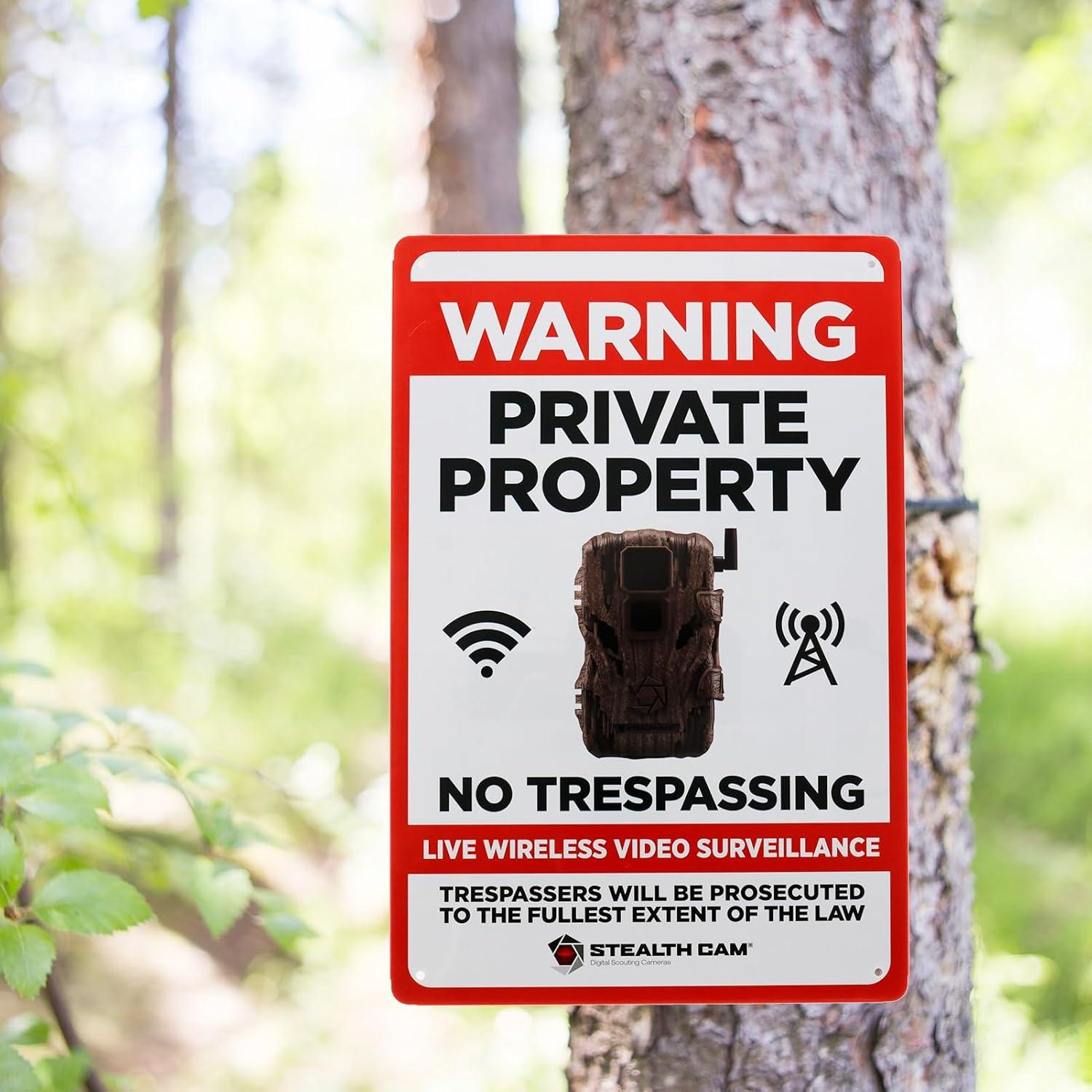 image:imageSTEALTH CAM Durable Attachable 8x12 Tin Outdoor Security Alert Warning Private Property No Trespassing Premises Under Surveillance SignLive Wireless Video Surveillance Sign
