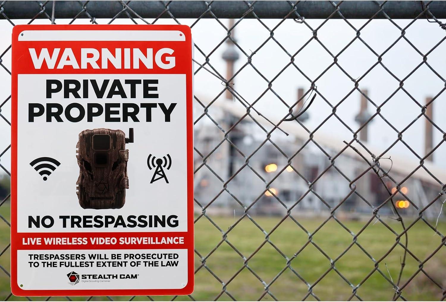 image:imageSTEALTH CAM Durable Attachable 8x12 Tin Outdoor Security Alert Warning Private Property No Trespassing Premises Under Surveillance SignLive Wireless Video Surveillance Sign