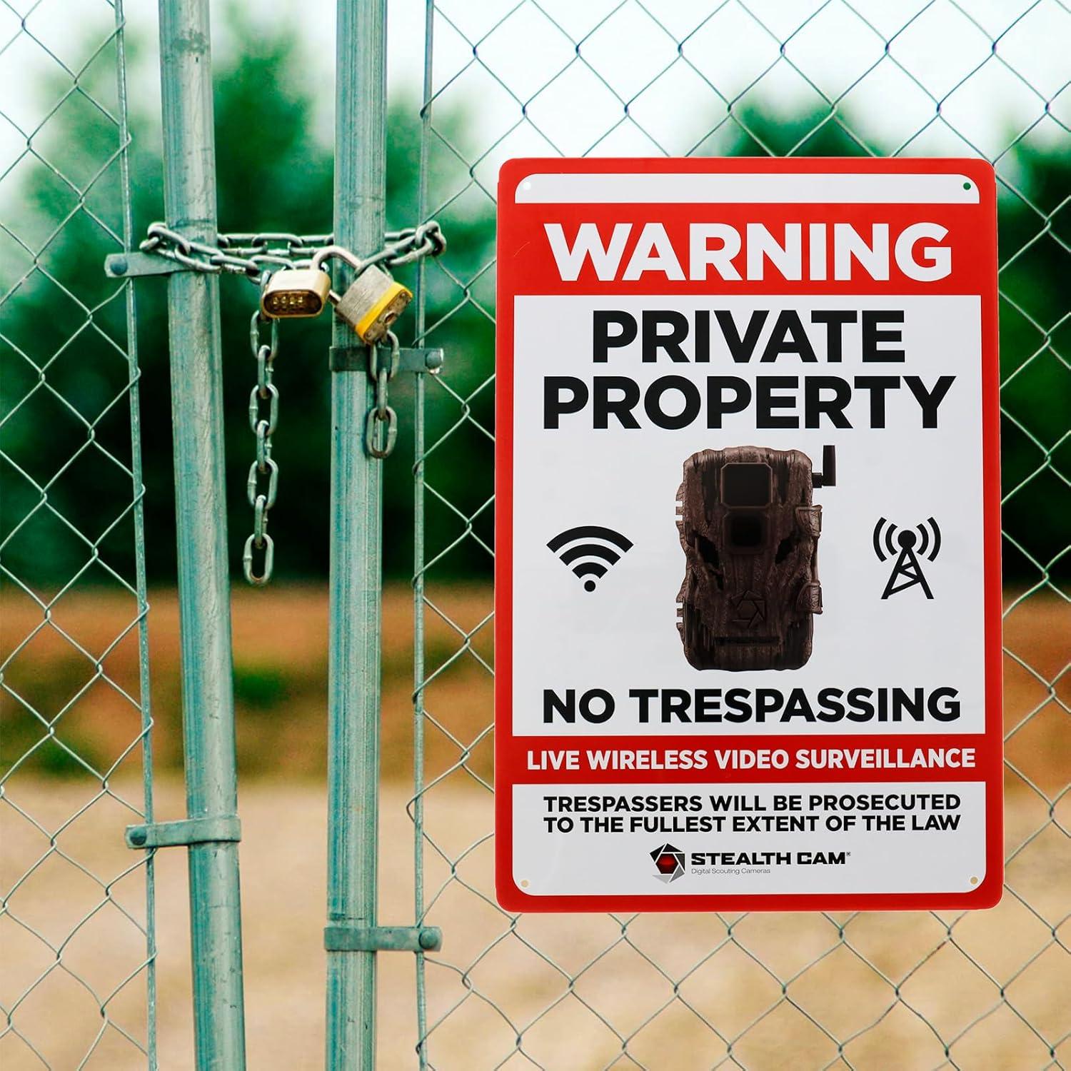 image:imageSTEALTH CAM Durable Attachable 8x12 Tin Outdoor Security Alert Warning Private Property No Trespassing Premises Under Surveillance SignLive Wireless Video Surveillance Sign