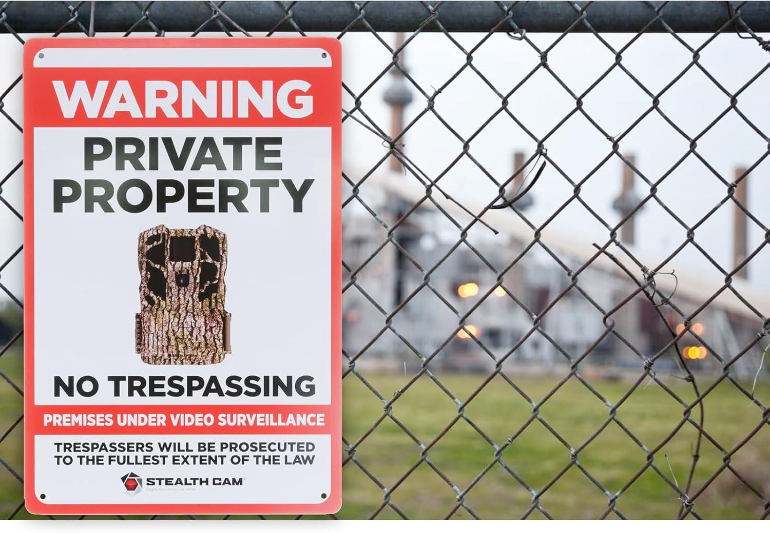 image:imageSTEALTH CAM Durable Attachable 8x12 Tin Outdoor Security Alert Warning Private Property No Trespassing Premises Under Surveillance SignVideo Surveillance Sign