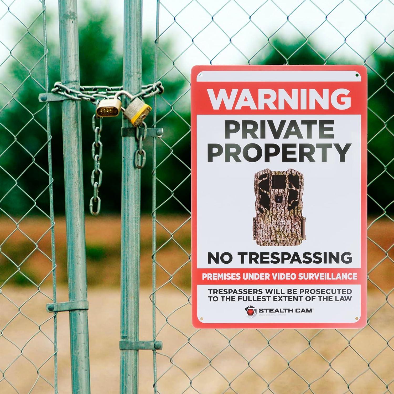 image:imageSTEALTH CAM Durable Attachable 8x12 Tin Outdoor Security Alert Warning Private Property No Trespassing Premises Under Surveillance SignVideo Surveillance Sign