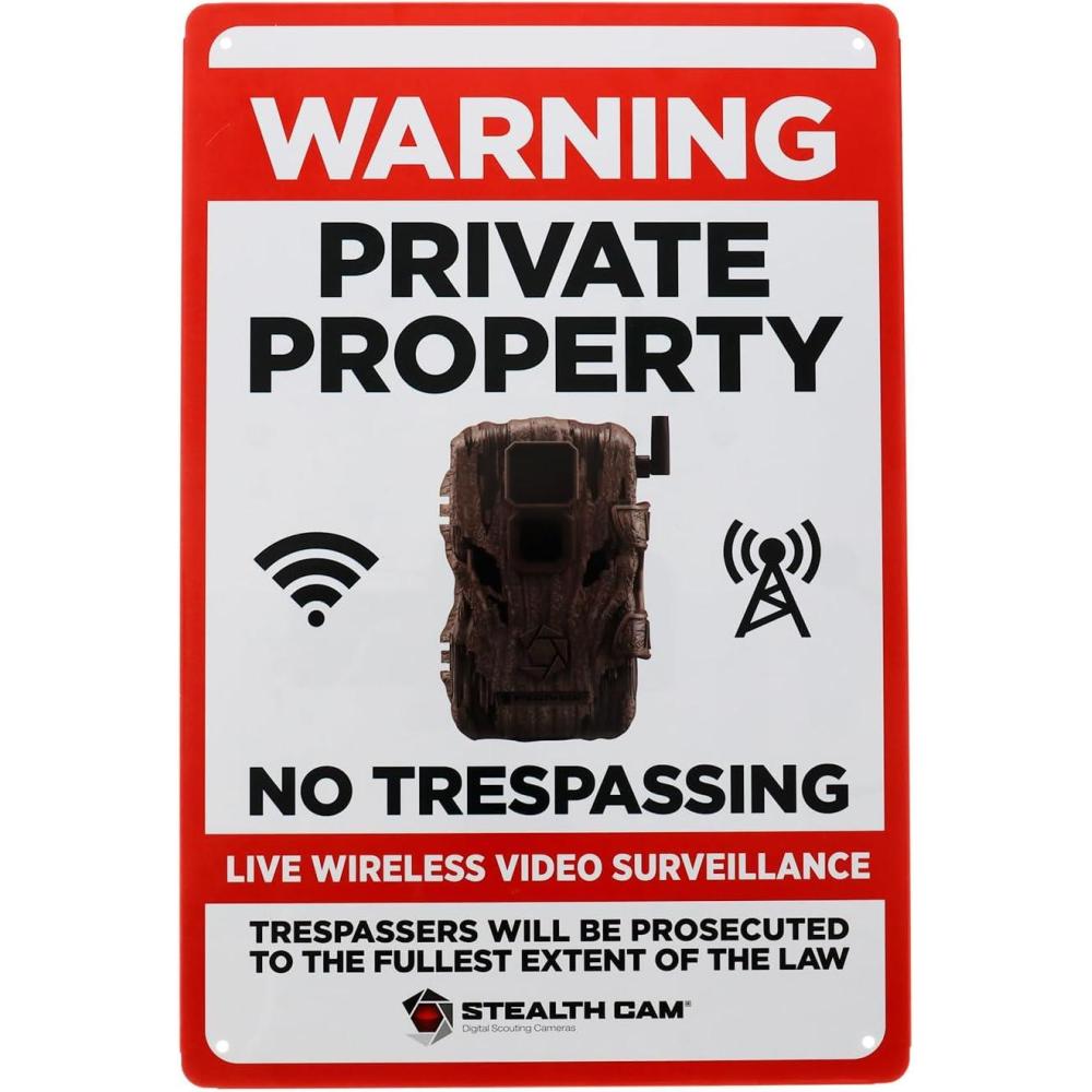 image:imageSTEALTH CAM Durable Attachable 8x12 Tin Outdoor Security Alert Warning Private Property No Trespassing Premises Under Surveillance SignLive Wireless Video Surveillance Sign
