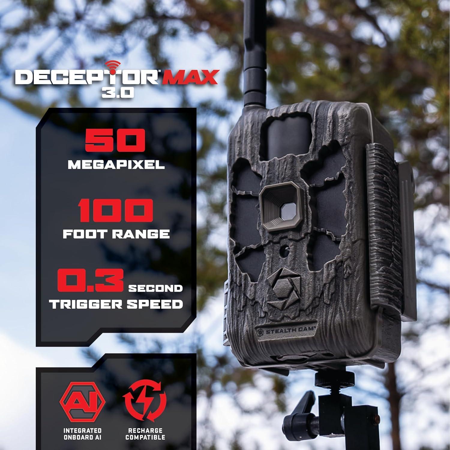 image:imageStealth Cam Deceptor MAX 30 Cellular Trail Camera 50MP Photos 1440P Video 03s Trigger 100 ft Range 940nm No Glow DualCore AI Live On Demand GPS 16GB Memory