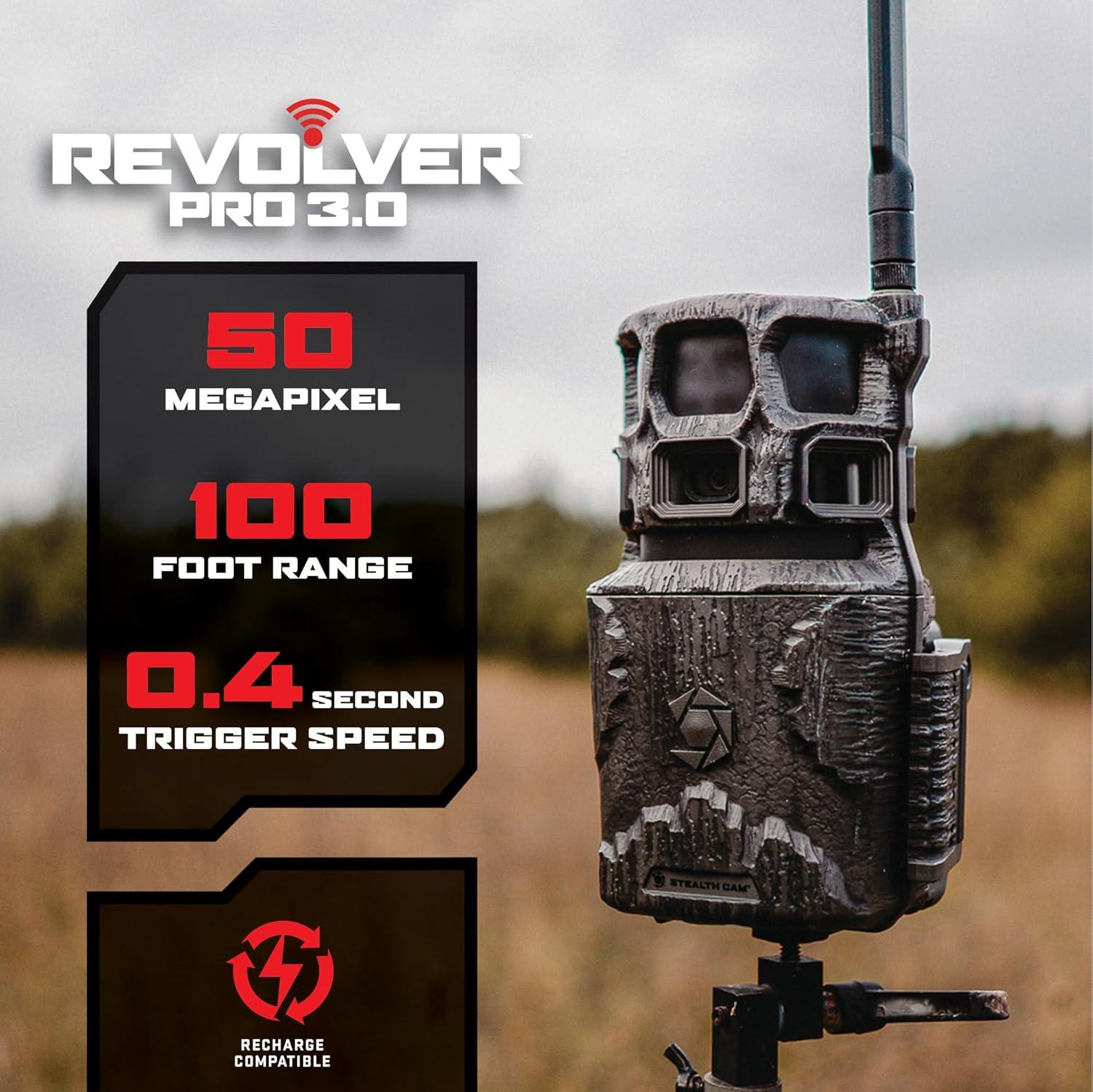 image:imageStealth Cam Revolver PRO 30 360 Cellular Trail Camera 50MP Photos 1440P QHD Video wAudio DualCore AI Detection wRack Alert PIR Zone Control 32GB Memory